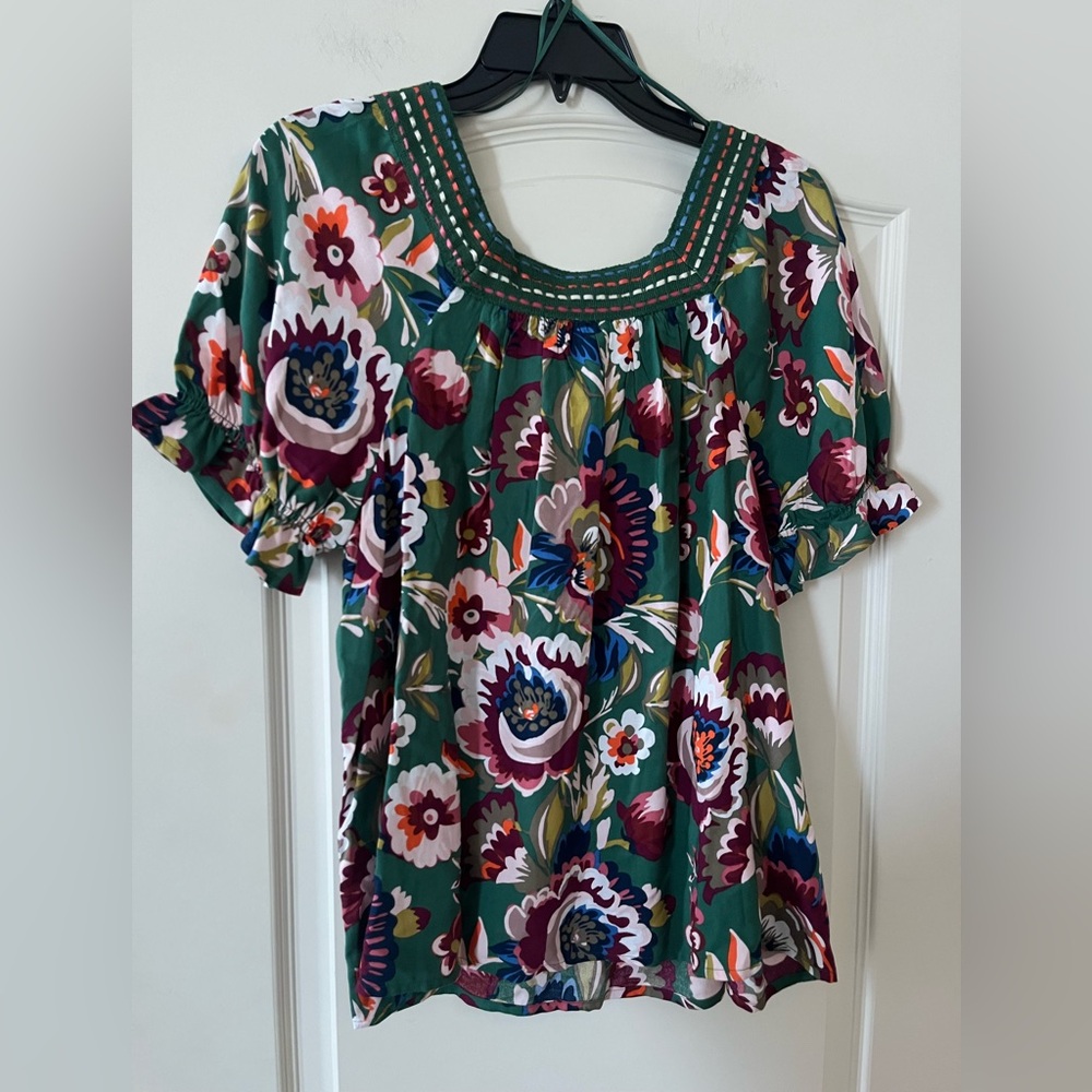Style & Co Floral Green Square Neck Short Sleeve Ruffle Top Women’s Size Small